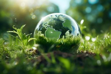 Planète terre en verre posée sur de l'herbe