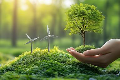 Une île verte au large, équipée d'une éolienne, représentant un symbole d'énergie renouvelable et de préservation environnementale. L'éolienne se dresse au centre d'une nature verdoyante entourée d'eau, illustrant une harmonie entre technologie et environnement.